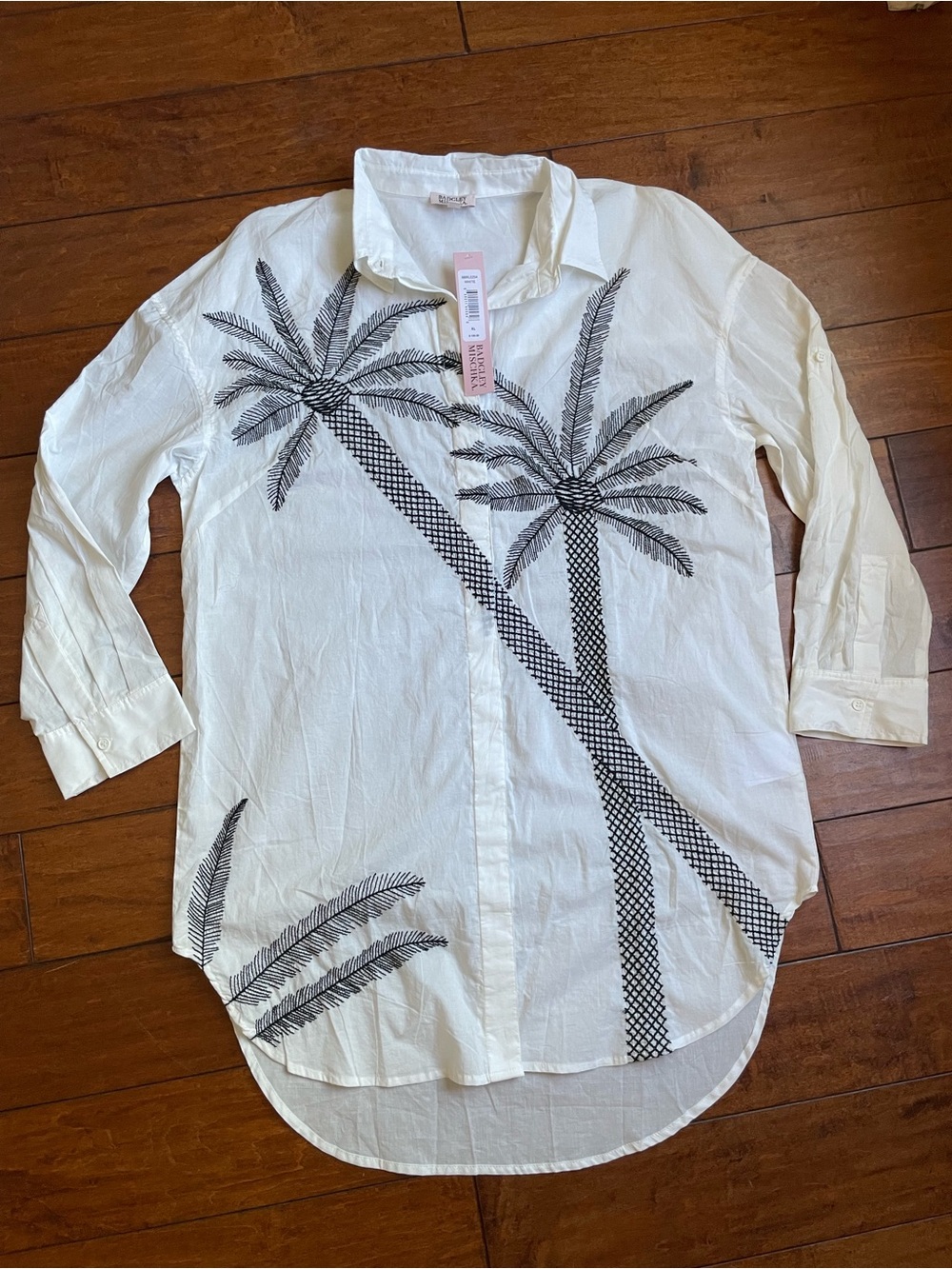 NWT Badgley Mischka Embroidered Palm Tree Tunic Shirt Dress White Black XL